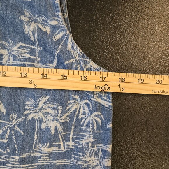 Women's L Blue Sleeveless Palm Tree Print Denim Chambray Shift Dress Jumper - Picture 6 of 11